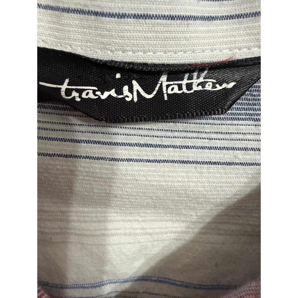 TravisMathew Mens Large Short Sleeve Button Down Striped Golf Shirt Blue Red - Picture 3 of 5